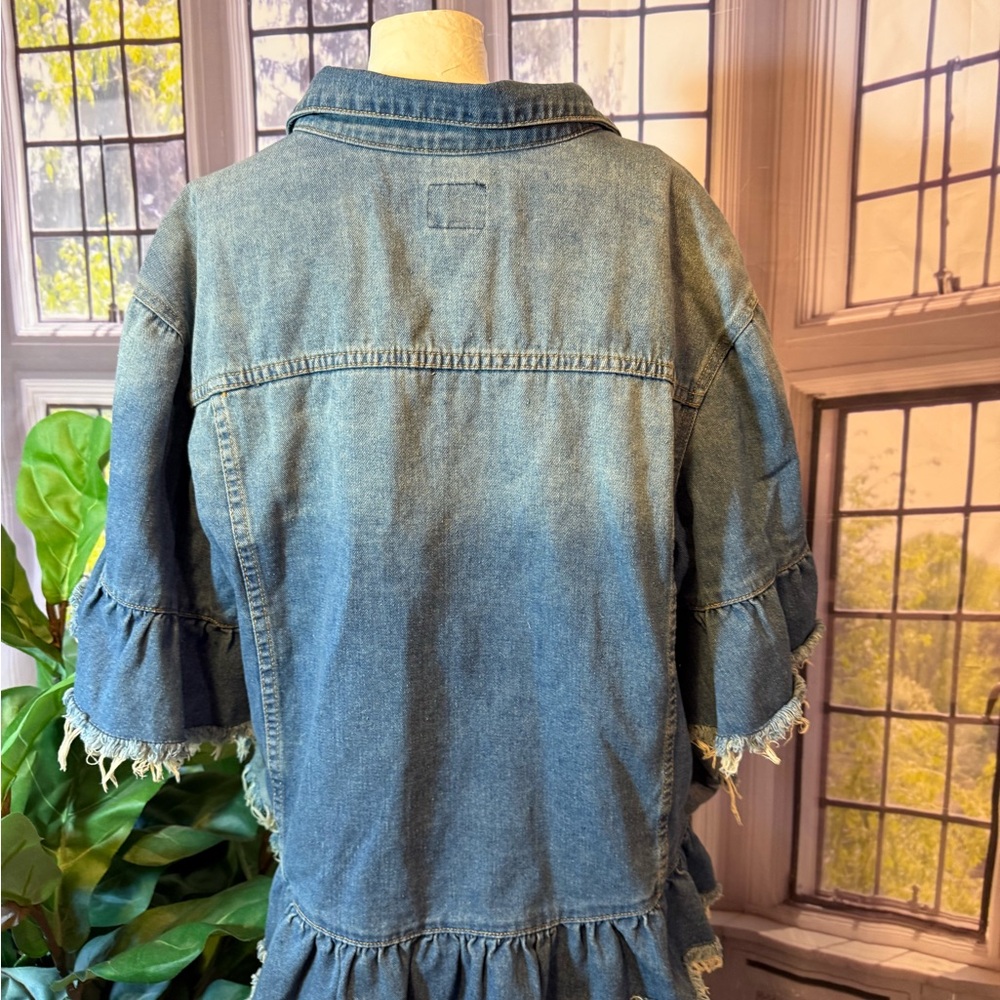 Hayden Denim Distressed Ruffle Jacket Short Sleeve Boho Flap Pockets Ombré 1XL - Picture 6 of 12